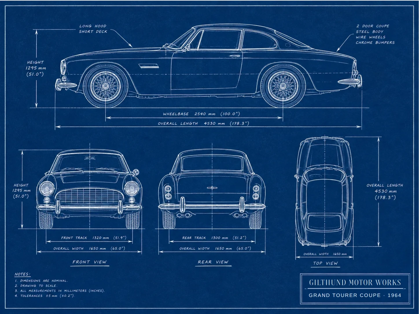 The same coupe as a white-on-blue technical blueprint