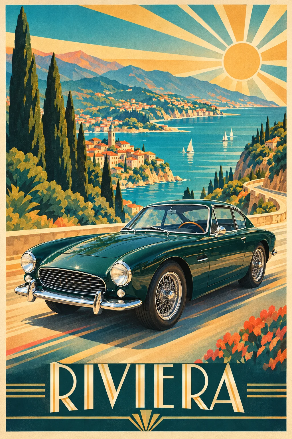 The same coupe as an Art Deco Riviera travel poster