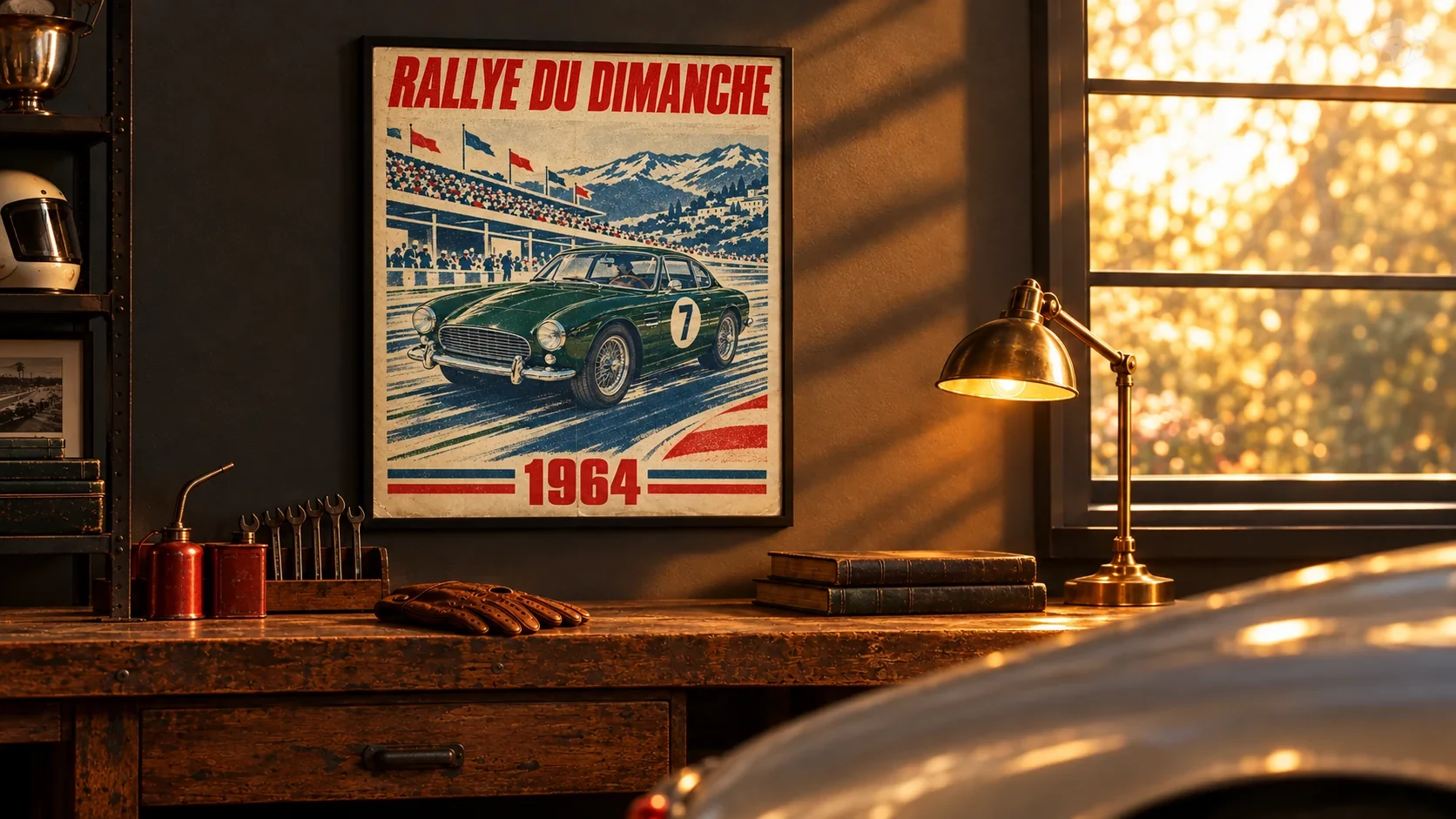 A framed race poster hanging above a wooden workbench in a warmly lit garage, with the rear of a silver sports car in the foreground