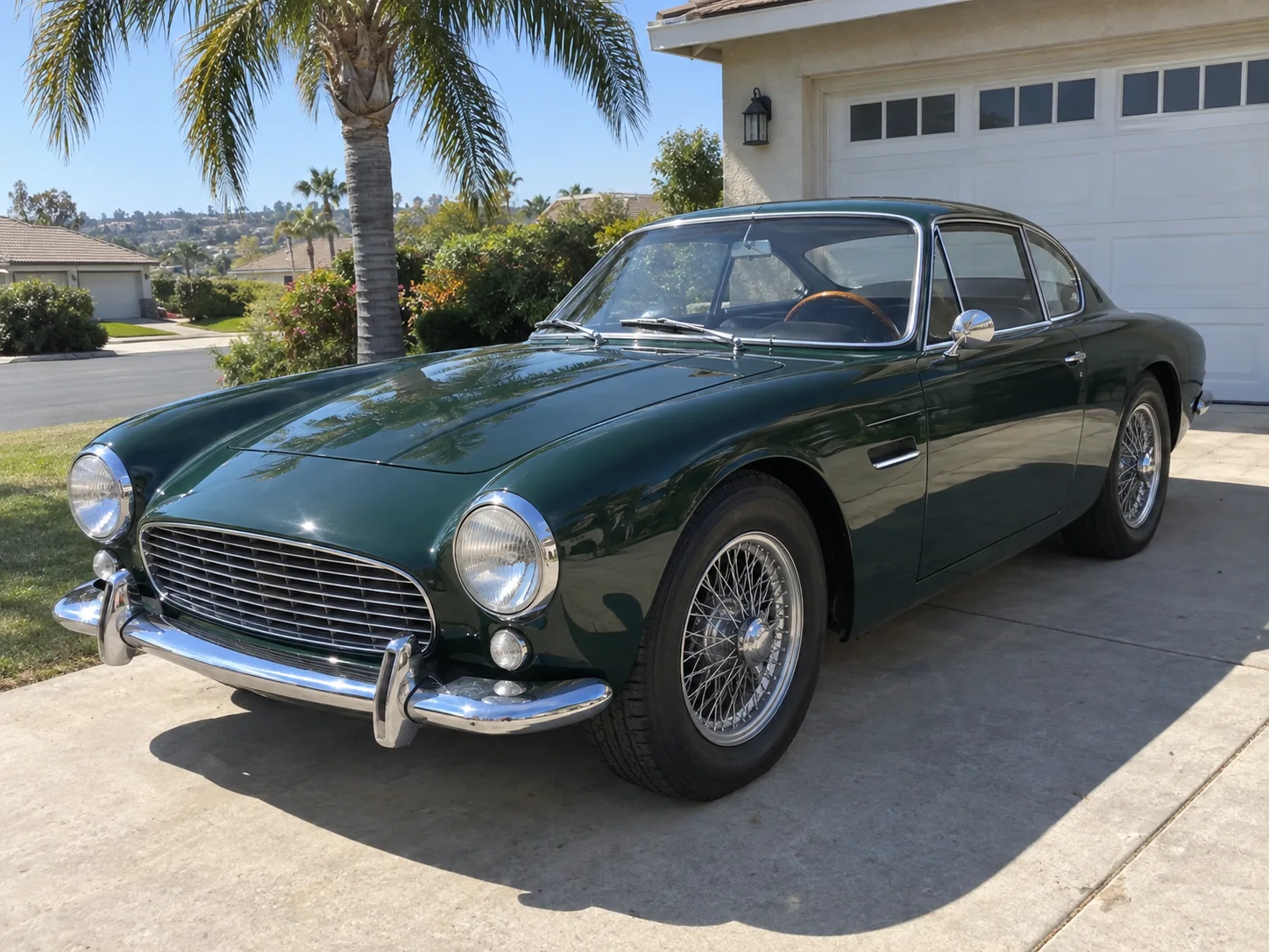 Phone photo of a dark green 1960s coupe parked in a sunny driveway