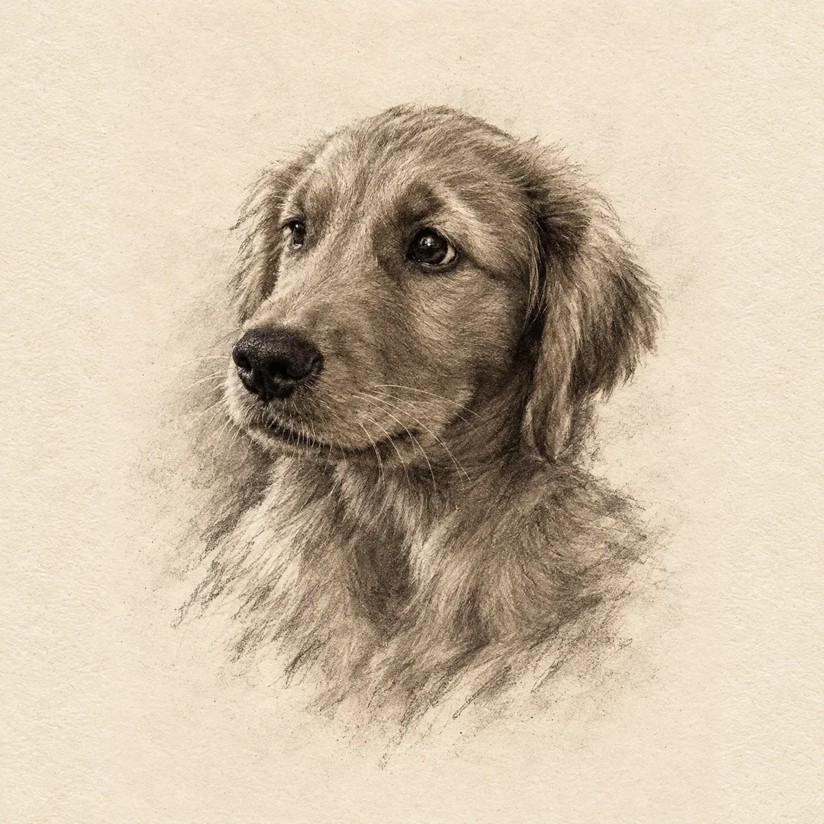 Sample Charcoal Study pet portrait of a golden retriever puppy, rendered by Gilthund Studios
